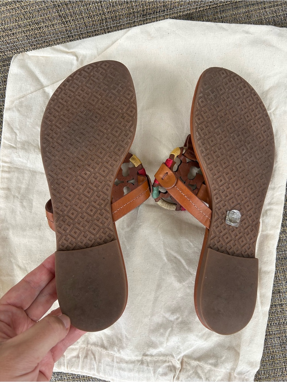 EUC Tory Burch size 7 Tan Brown Leather Miller Sandals Multicolor Trim Logo - Picture 7 of 8